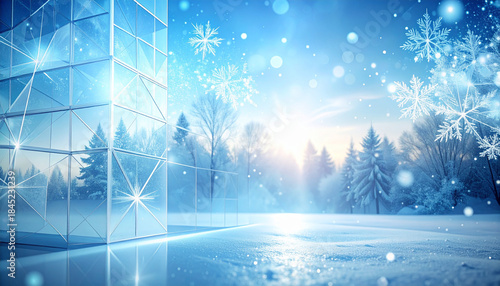 雪原と森に降る雪と幾何学模様が織りなす冬の風景