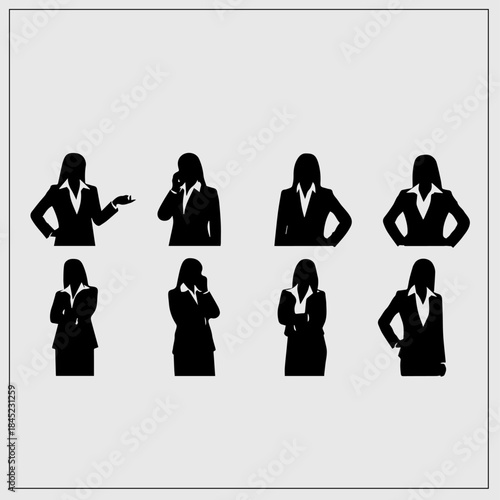 A collection of diverse businesswoman silhouettes depicting various poses and interactions, ideal for professional presentations and corporate branding