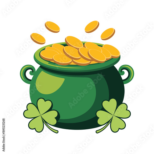 St Patricks Day celebration graphic featuring a lucky green pot of gold coins and shamrocks illustration