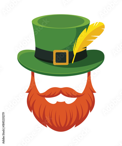 Vibrant cartoon leprechaun top hat with a feather and a flowing ginger beard illustration perfect for Saint Patricks Day celebrations