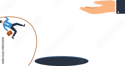 Businessman pole vaulting over hole, career leap business challenge, risk management concept, getting support from helping hand, overcoming adversity, financial growth, corporate solution