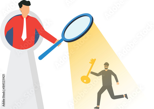 Cybersecurity concept data theft security breach with businessman investigating hacker corporate espionage online fraud digital crime privacy protection risk management finding solution