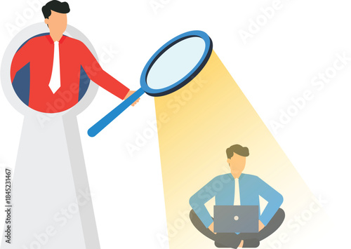 Talent acquisition human resources concept of manager searching for new employee. Business opportunity hiring process, candidate selection, and employee monitoring with magnifying glass.