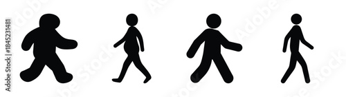 Four silhouette figures walking in different styles on white background