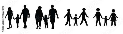 Silhouettes of diverse families holding hands, walking together