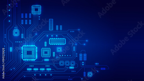 Futuristic blue technology background with glowing digital circuit board lines and microchips