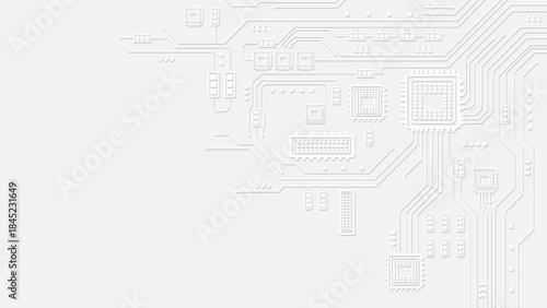 White circuit board background with embossed technology lines and geometric microchip patterns