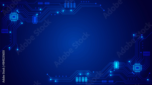 Futuristic blue technology background with glowing digital circuit board lines and microchips