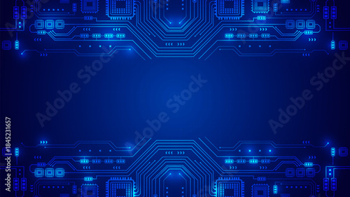 Futuristic blue technology background with glowing digital circuit board lines and microchips