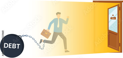 Businessman escaping debt running towards open door financial freedom concept new opportunity business crisis credit problem hope solution overcoming adversity