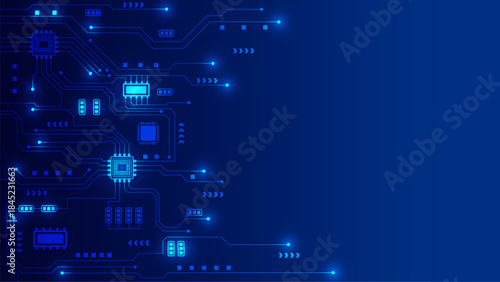 Futuristic blue technology background with glowing digital circuit board lines and microchips