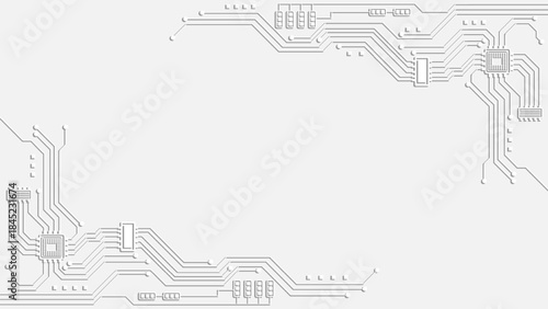 White circuit board background with embossed technology lines and geometric microchip patterns