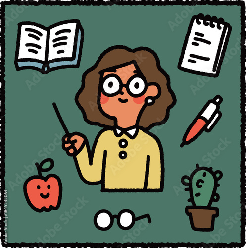 Cute hand-drawn female teacher illustration holding a pointer with books, apple, pen, and classroom items