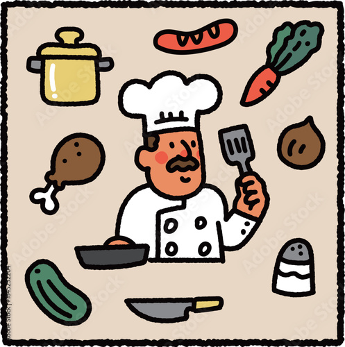 Cute hand-drawn chef illustration holding spatula and pan with cooking tools, vegetables and meat – cooking and food profession theme