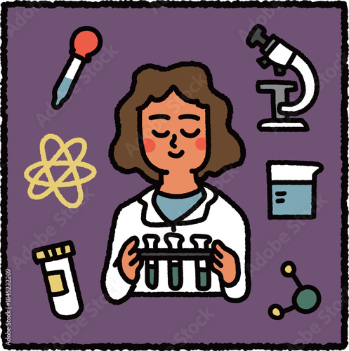 Cute hand-drawn scientist illustration holding test tubes with microscope, atom and molecule icons – science and laboratory research theme