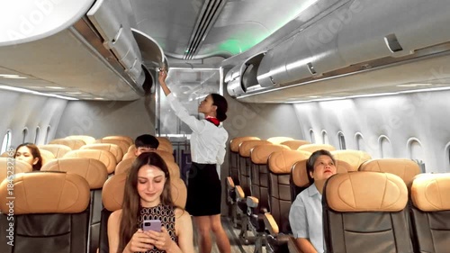 Passengers and flight attendant inside a modern airplane cabin; some are seated reading while a crew member arranges overhead luggage, capturing travel, comfort, and in-flight service moments.