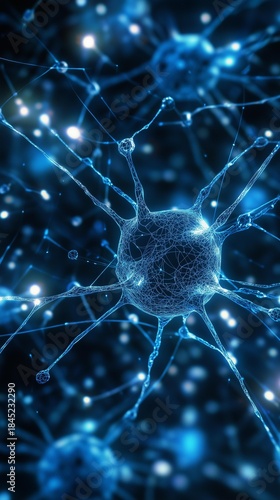 Blue medical neural networ background, illustrating he integration of technoloy and healthcare in a futuistic setting.
