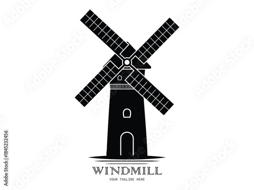 Windmill logo template vector. Hand drawn style and vintage look. Farm building logo template.