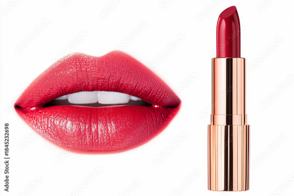 Obraz premium Close-up of Woman's Red Lips and Golden Lipstick. Beauty and Fashion Concept with Bright Red Makeup