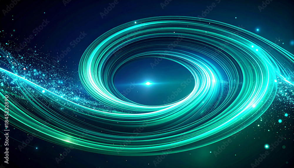 Obraz premium 集中する青緑色の光の同心円と星の煌めき