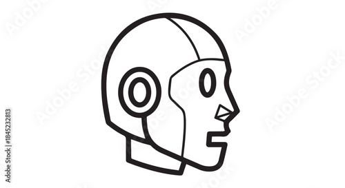 Minimalist line drawing of a futuristic robot head illustration.