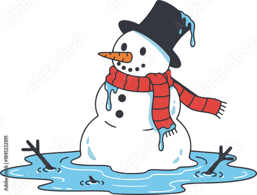 Vector illustration of a cheerful melting snowman standing in a blue puddle with his stick arms floating in the water and his top hat dripping.