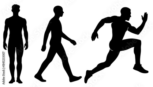 A trio of black silhouettes shows a man at different stages of movement—from walking to sprinting—evoking fitness, progress, and dynamic energy suitable for sports