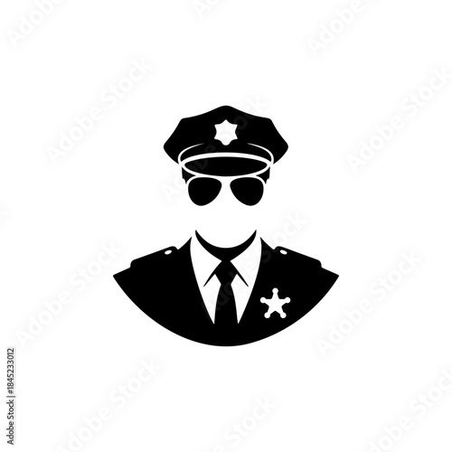 A bold black and white vector icon of a police officer wearing a uniform, cap, and sunglasses, symbolizing law enforcement, authority, and security.