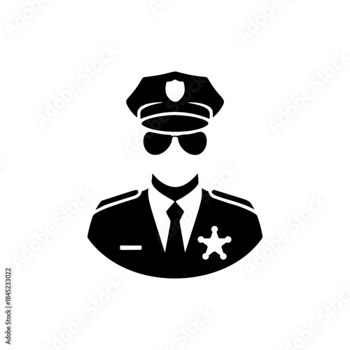 A bold black and white vector icon of a police officer wearing a uniform, cap, and sunglasses, symbolizing law enforcement, authority, and security.