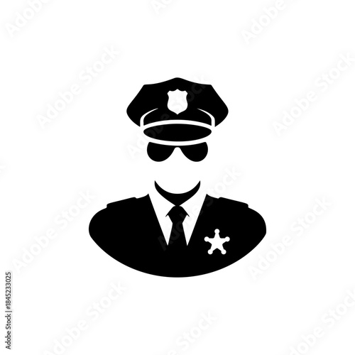 A bold black and white vector icon of a police officer wearing a uniform, cap, and sunglasses, symbolizing law enforcement, authority, and security.