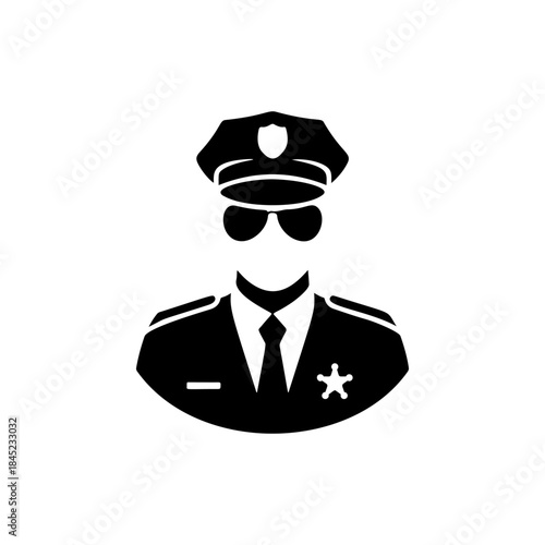 A bold black and white vector icon of a police officer wearing a uniform, cap, and sunglasses, symbolizing law enforcement, authority, and security.