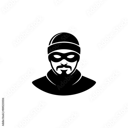 A black and white vector icon of a man in a beanie and mask, with a beard/mustache, symbolizing a robber, thief, or criminal activity and danger.