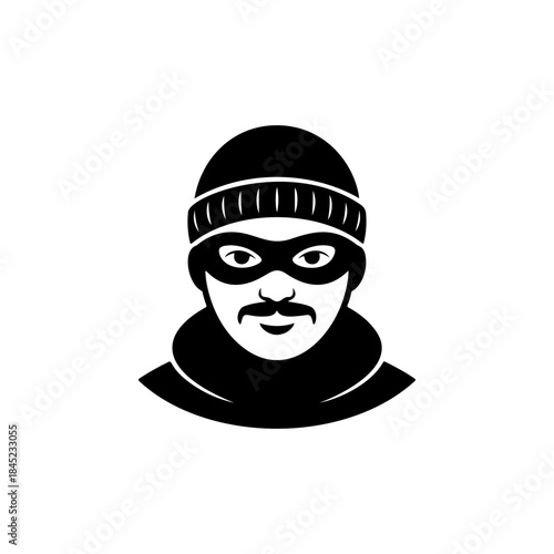 A black and white vector icon of a man in a beanie and mask, with a beard/mustache, symbolizing a robber, thief, or criminal activity and danger.
