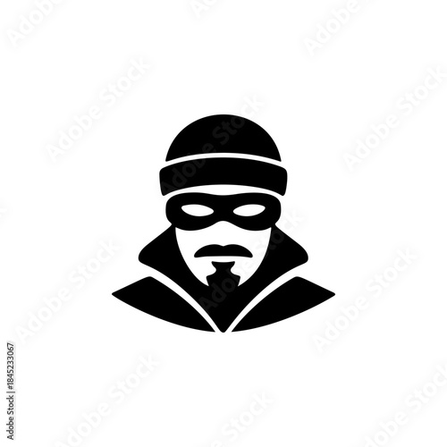 A black and white vector icon of a man in a beanie and mask, with a beard/mustache, symbolizing a robber, thief, or criminal activity and danger.