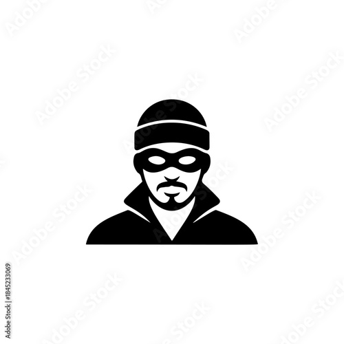 A black and white vector icon of a man in a beanie and mask, with a beard/mustache, symbolizing a robber, thief, or criminal activity and danger.