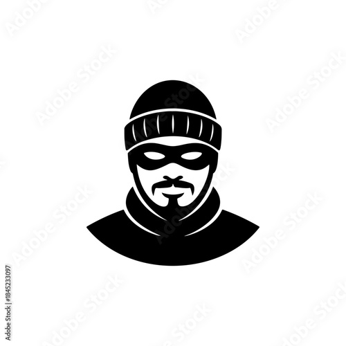 A black and white vector icon of a man in a beanie and mask, with a beard/mustache, symbolizing a robber, thief, or criminal activity and danger.