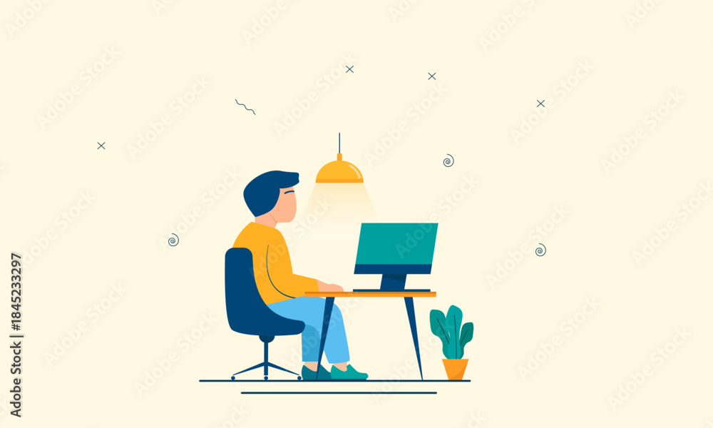 Fototapeta premium flat vector design illustration of a man working enthusiastically