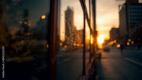 Rainy city street at sunset reflected on glass surface with warm evening light, soft focus, and urban atmosphere capturing calm metropolitan mood
