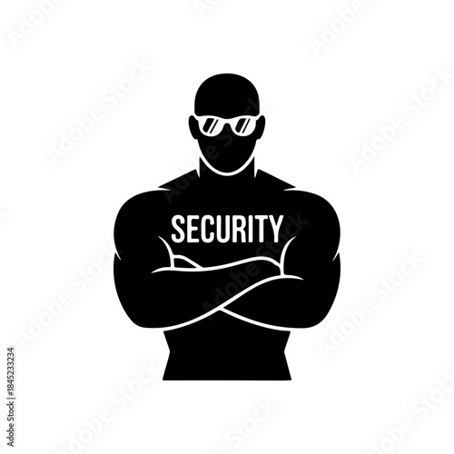 A strong, muscular security guard wearing a tactical vest and sunglasses with crossed arms. A bold black and white vector icon symbolizing protection and authority.