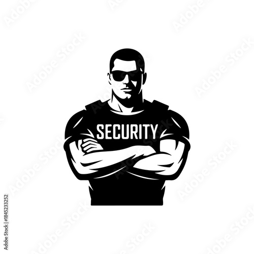 A strong, muscular security guard wearing a tactical vest and sunglasses with crossed arms. A bold black and white vector icon symbolizing protection and authority.
