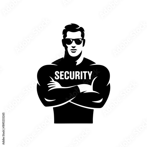 A strong, muscular security guard wearing a tactical vest and sunglasses with crossed arms. A bold black and white vector icon symbolizing protection and authority.