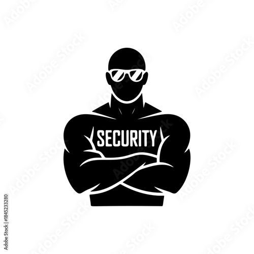 A strong, muscular security guard wearing a tactical vest and sunglasses with crossed arms. A bold black and white vector icon symbolizing protection and authority.
