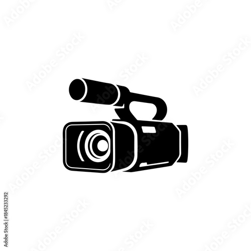 A bold black and white vector icon of a camcorder or video camera, symbolizing filming, recording, broadcasting, media production, and content creation.