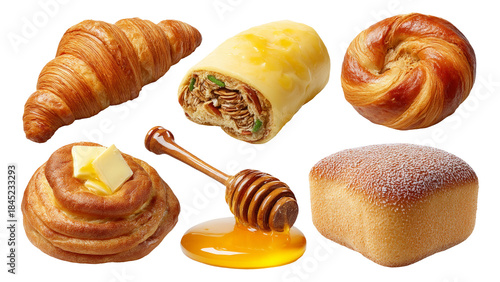 Realistic 3D European Breakfast Food Set with Pastries, Honey, and Butter