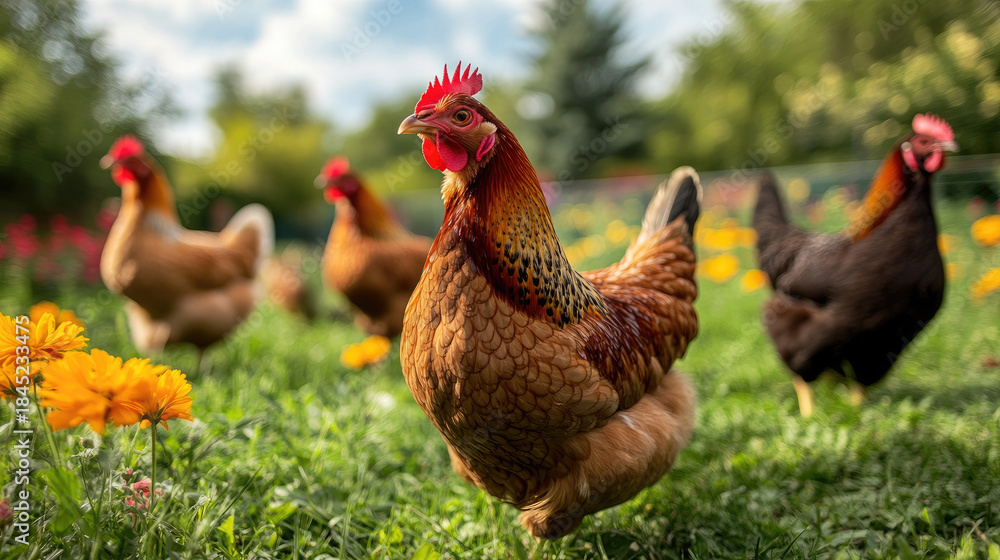 Fototapeta premium Free-range chicken roaming through a lush green pasture with colorful wildflowers, symbolizing organic farming, sustainable agriculture, and a natural, healthy farm life
