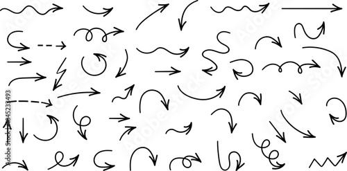 Collection of hand drawn arrow icons – simple sketch arrows isolated on white background. Perfect vector set for design projects, presentations, infographics, and creative illustrations