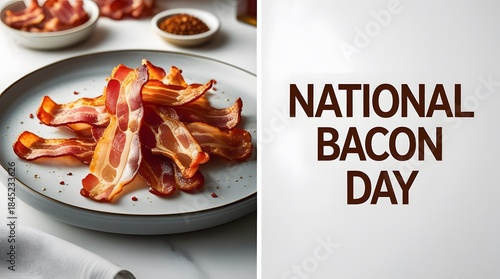 Appetizing crispy bacon strips on a white plate with pepper. Delicious breakfast food for National Bacon Day.