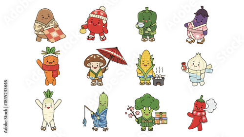 A collection of twelve cute anthropomorphic vegetable characters, each dressed in unique outfits and engaged in various activities.