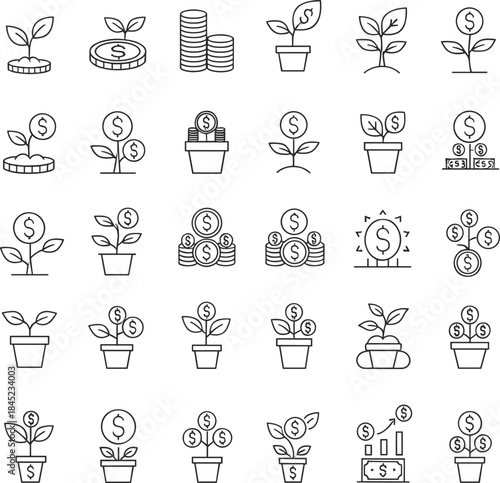 Financial growth and money plant outline icon set illustrating savings, investment, profit, and wealth concepts
