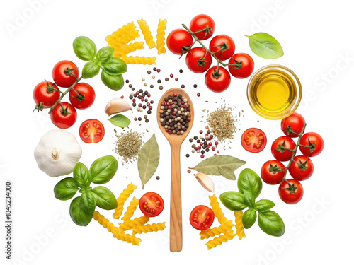 Italian cooking ingredients arrangement isolated on transparent background